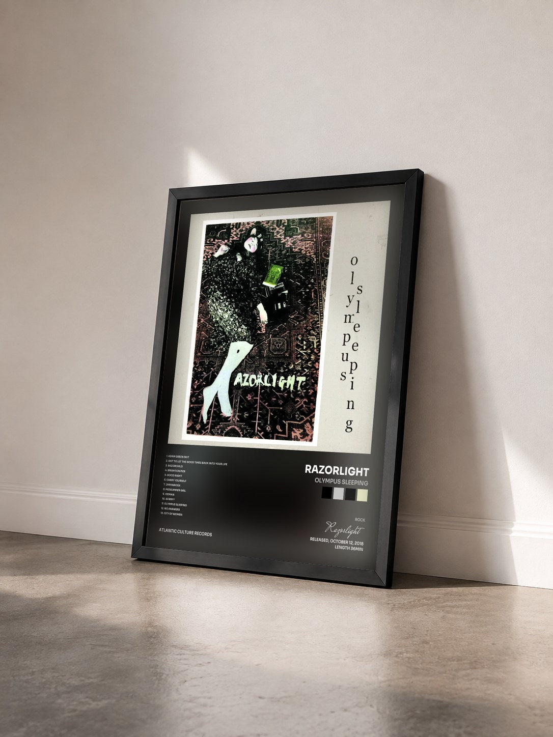 #noir Tableau de l'album Olympus Sleeping de Razorlight vu de trois quarts, cadre noir