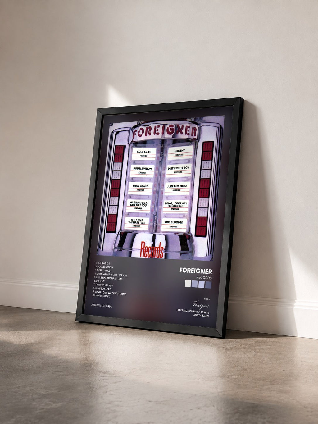 #noir Tableau de l'album Records de Foreigner vu de trois quarts, cadre noir