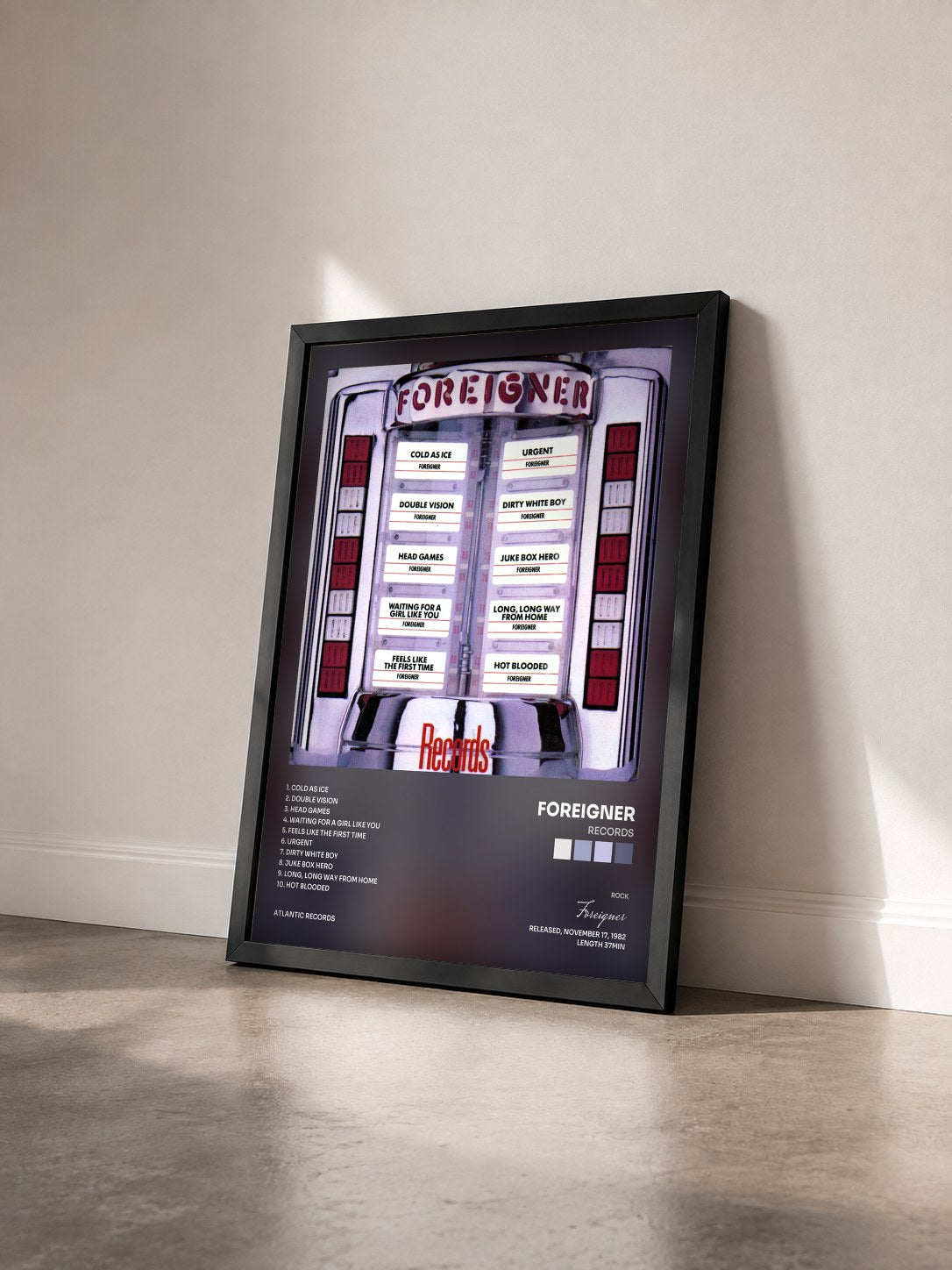#noir Tableau de l'album Records de Foreigner vu de trois quarts, cadre noir