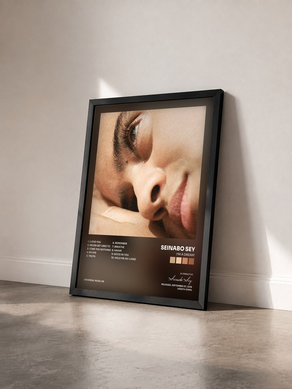 #noir Tableau de l'album I'm A Dream de Seinabo Sey vu de trois quarts, cadre noir
