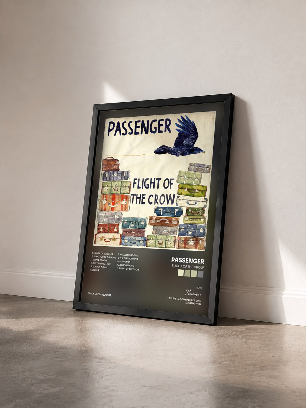 #noir Tableau de l'album Flight of the Crow de Passenger vu de trois quarts, cadre noir