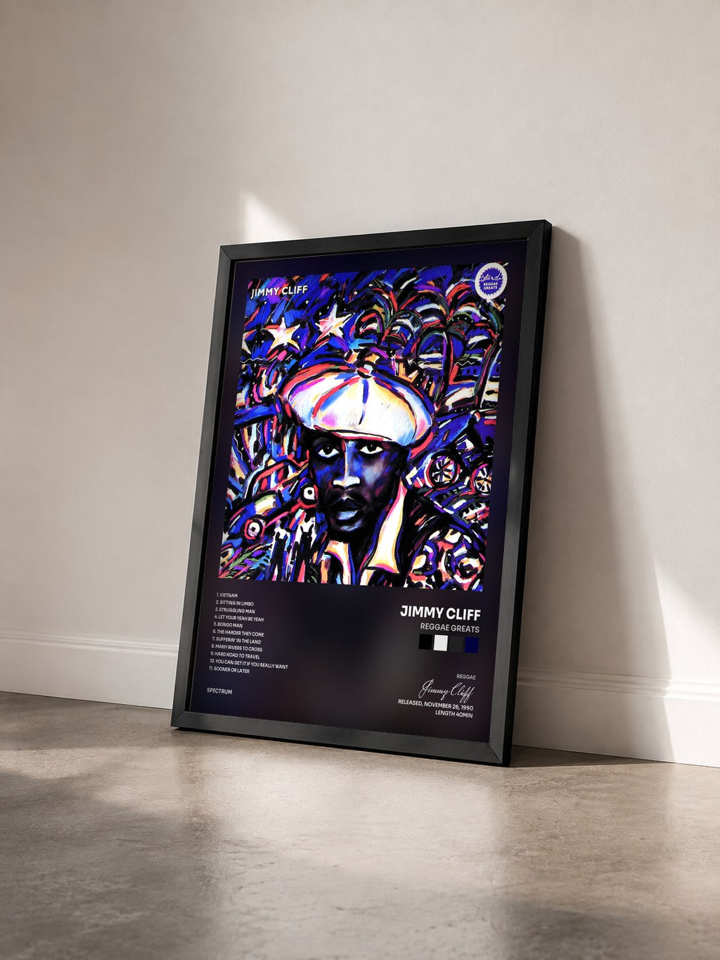 #noir Tableau de l'album Reggae Greats de Jimmy Cliff vu de trois quarts, cadre noir
