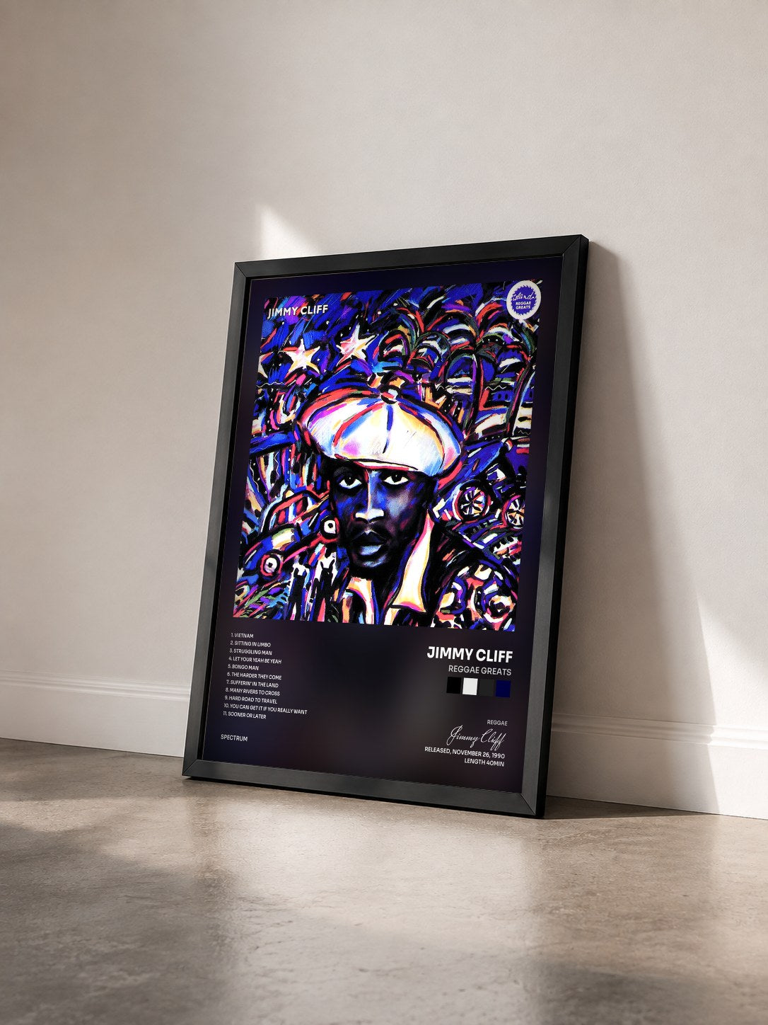 #noir Tableau de l'album Reggae Greats de Jimmy Cliff vu de trois quarts, cadre noir