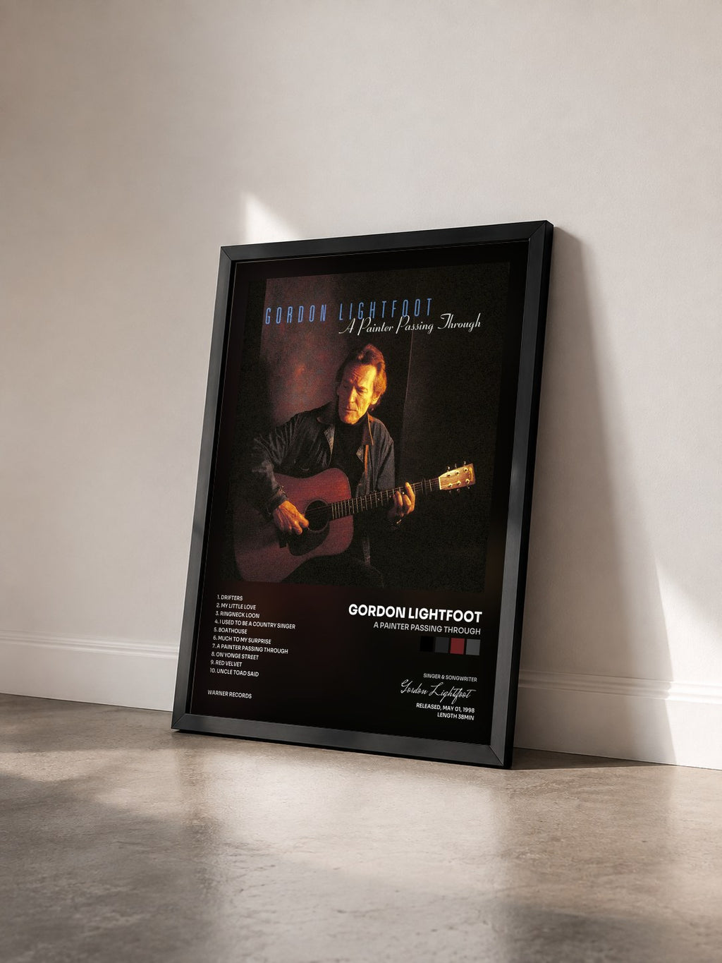 #noir Tableau de l'album A Painter Passing Through de Gordon Lightfoot vu de trois quarts, cadre noir