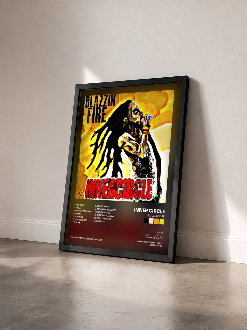 #noir Tableau de l'album Blazzin' Fire de Inner Circle vu de trois quarts, cadre noir