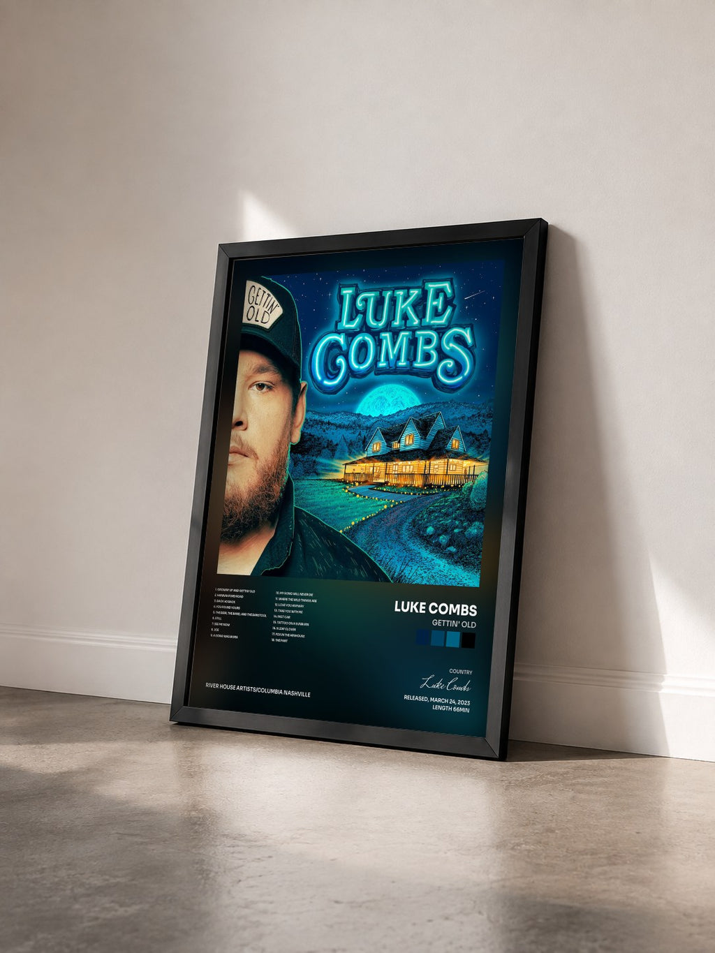 #noir Tableau de l'album Gettin' Old de Luke Combs vu de trois quarts, cadre noir
