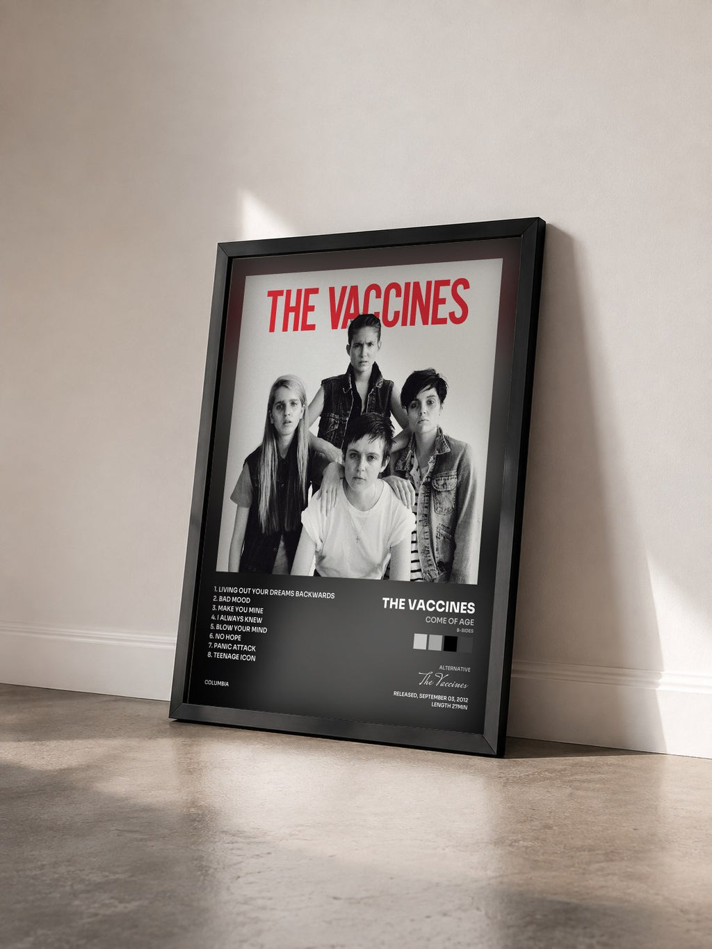 #noir Come Of Age (B-Sides) di The Vaccines in stampa incorniciata vista di tre quarti, cornice nera