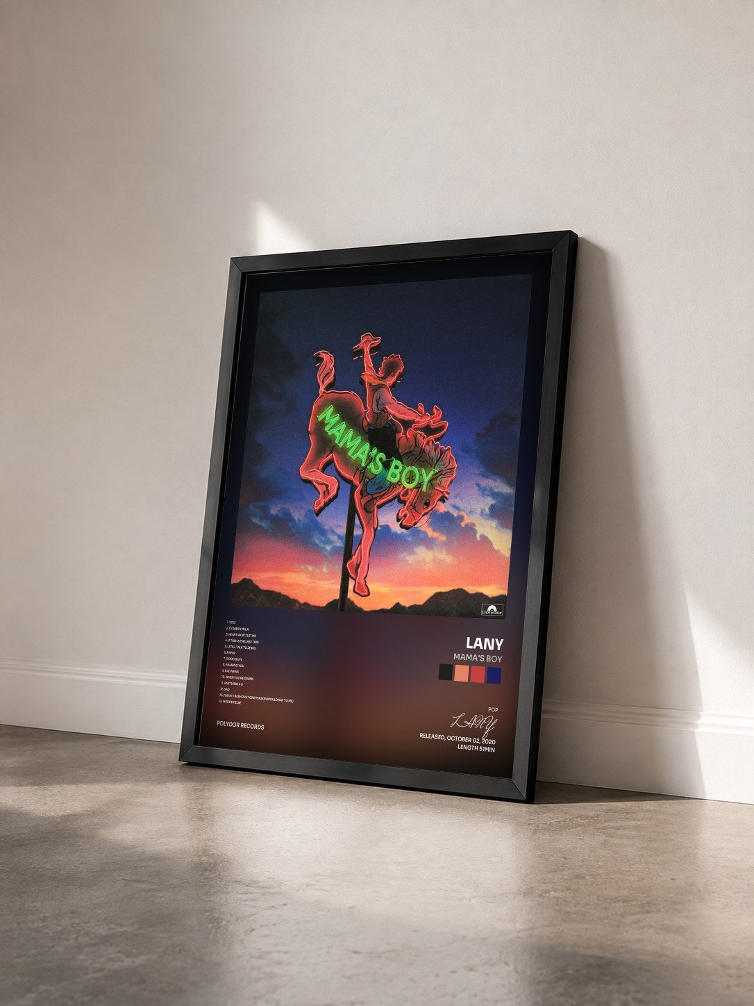 #noir Tableau de l'album mama's boy de LANY vu de trois quarts, cadre noir