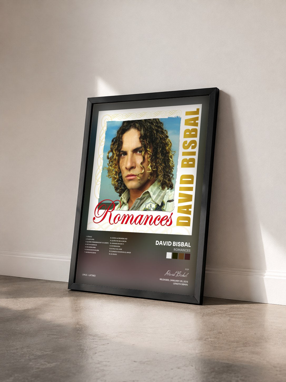 #noir Tableau de l'album Romances de David Bisbal vu de trois quarts, cadre noir