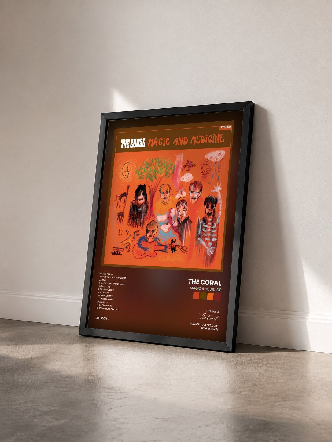 #noir Tableau de l'album Magic & Medicine de The Coral vu de trois quarts, cadre noir