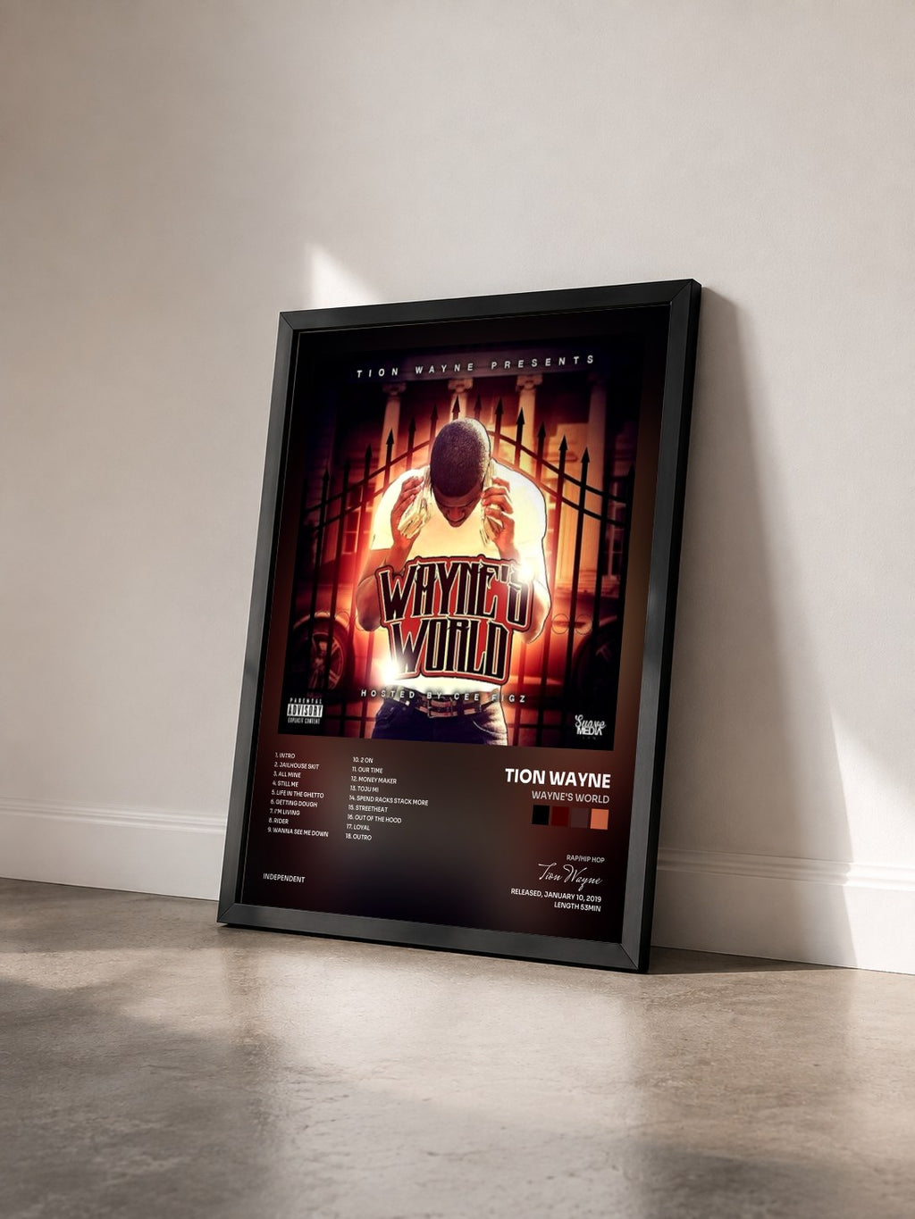 #noir Tableau de l'album Wayne's World de Tion Wayne vu de trois quarts, cadre noir