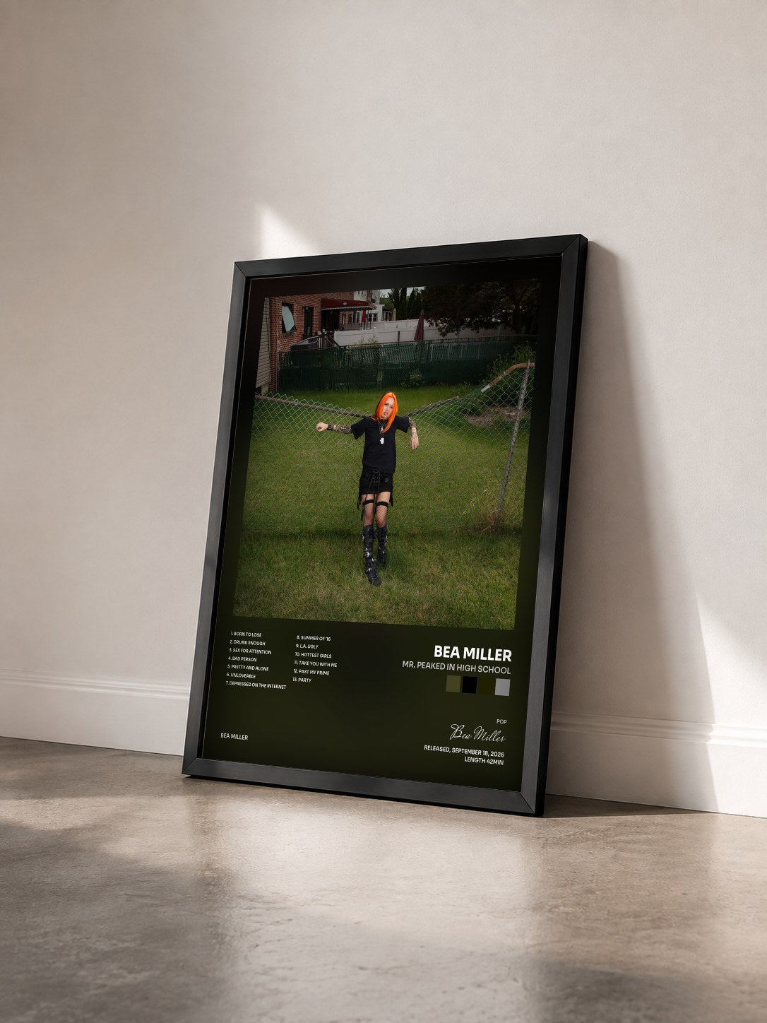 #noir Tableau de l'album Mr. Peaked In High School de Bea Miller vu de trois quarts, cadre noir