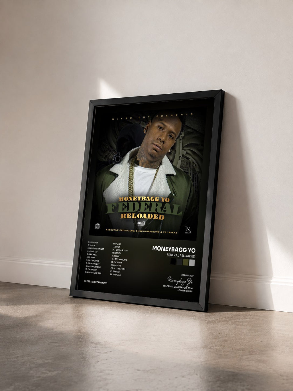 #noir Tableau de l'album Federal Reloaded de Moneybagg Yo vu de trois quarts, cadre noir