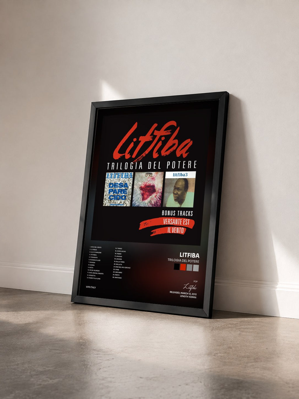 #noir Tableau de l'album Trilogia del Potere de Litfiba vu de trois quarts, cadre noir