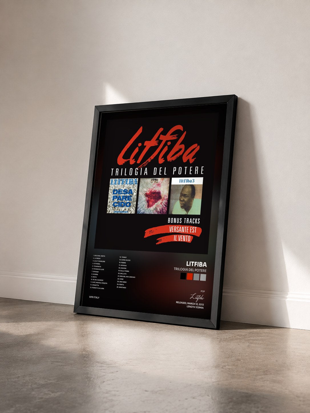 #noir Tableau de l'album Trilogia del Potere de Litfiba vu de trois quarts, cadre noir
