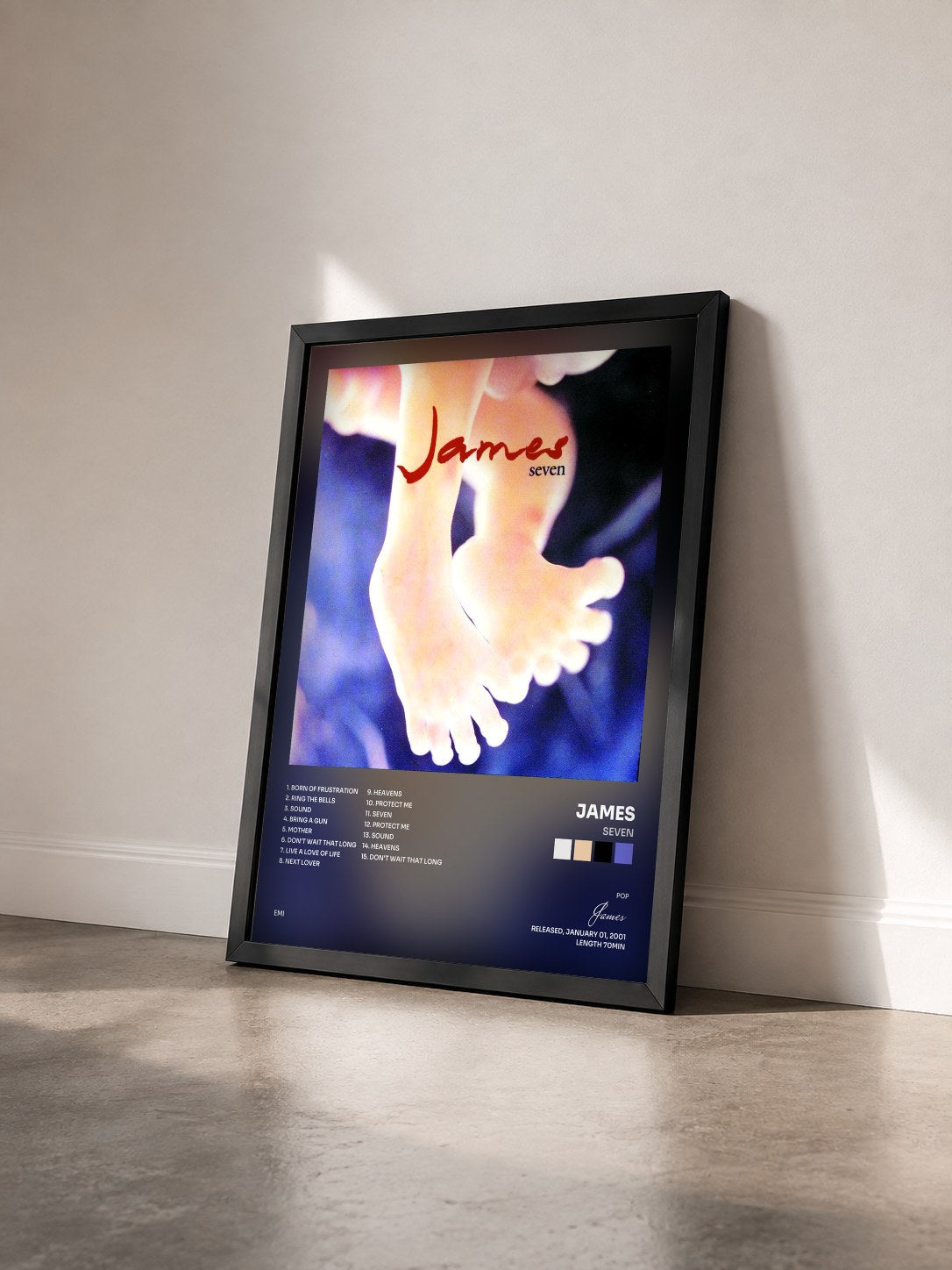 #noir Tableau de l'album Seven de James vu de trois quarts, cadre noir