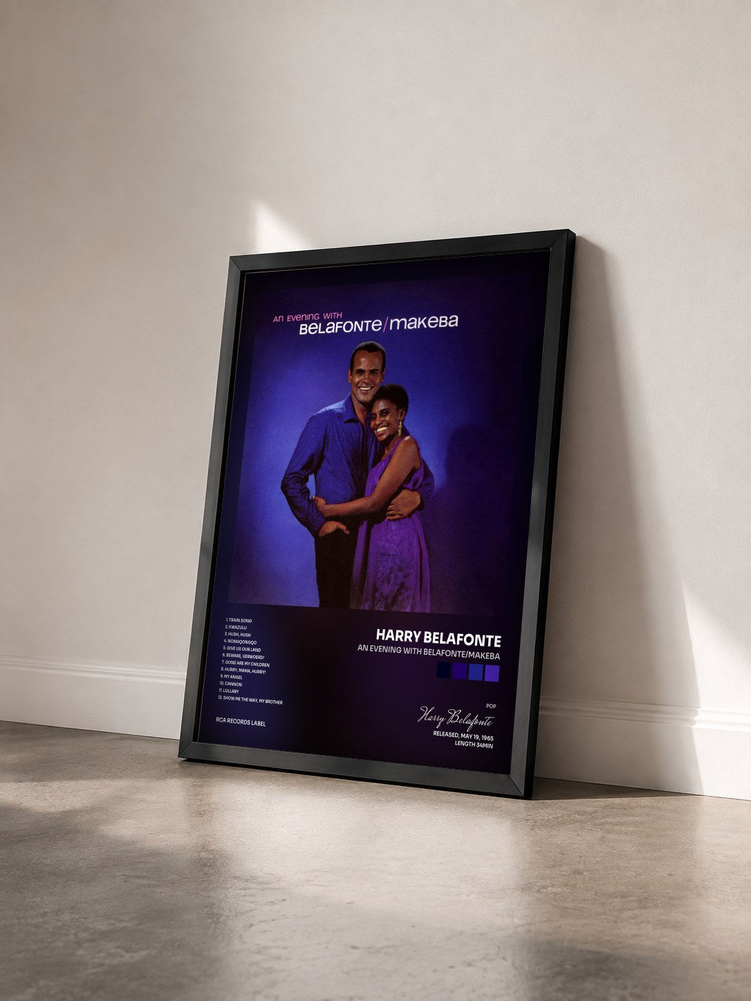 #noir Tableau de l'album An Evening With Belafonte/Makeba de Harry Belafonte vu de trois quarts, cadre noir