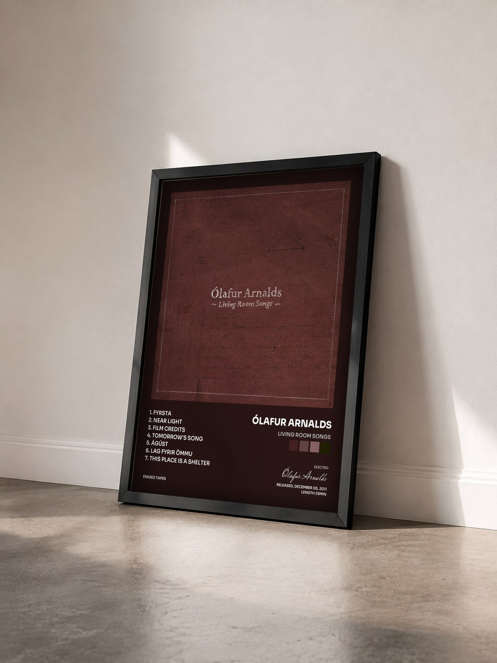 #noir Tableau de l'album Living Room Songs de Ólafur Arnalds vu de trois quarts, cadre noir