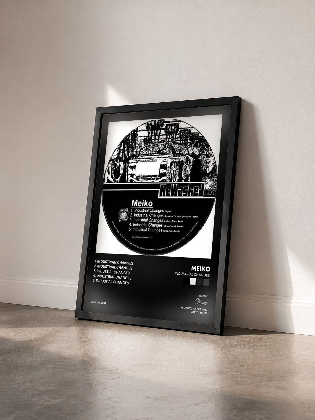 #noir Tableau de l'album Industrial Changes de Meiko vu de trois quarts, cadre noir
