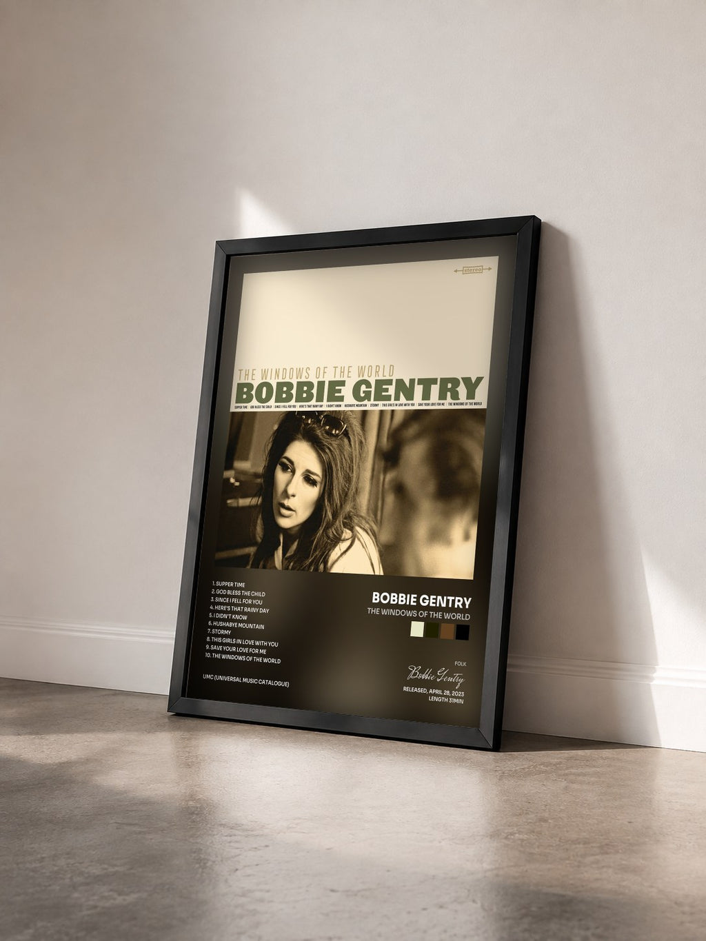 #noir Tableau de l'album The Windows Of The World de Bobbie Gentry vu de trois quarts, cadre noir