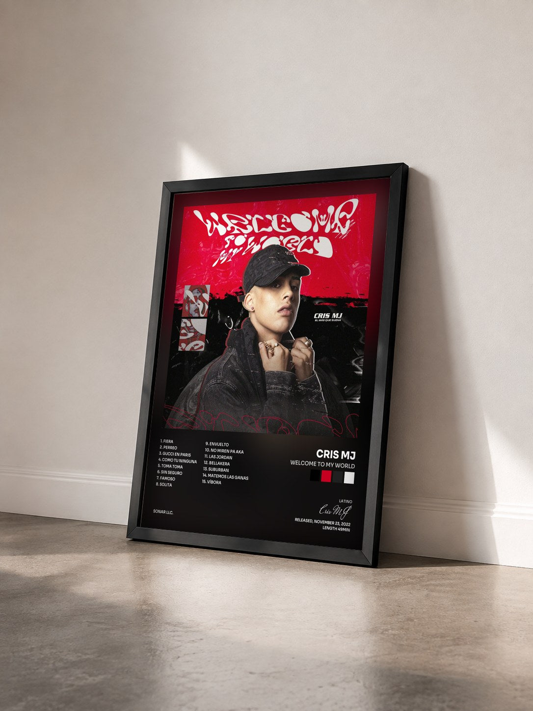 #noir Tableau de l'album Welcome To My World de Cris MJ vu de trois quarts, cadre noir