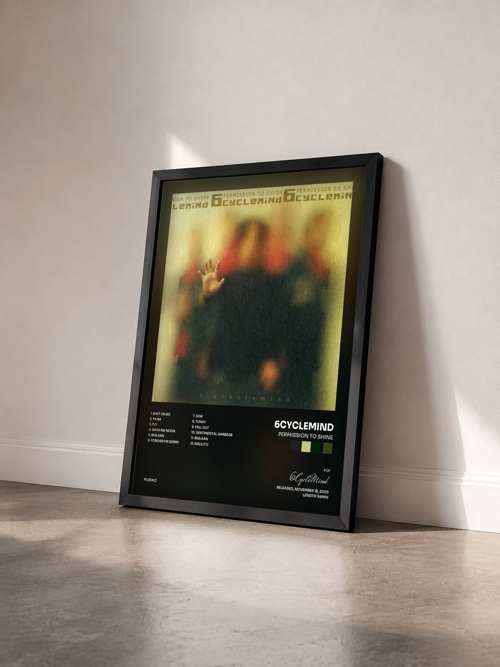 #noir Tableau de l'album Permission To Shine de 6CycleMind vu de trois quarts, cadre noir