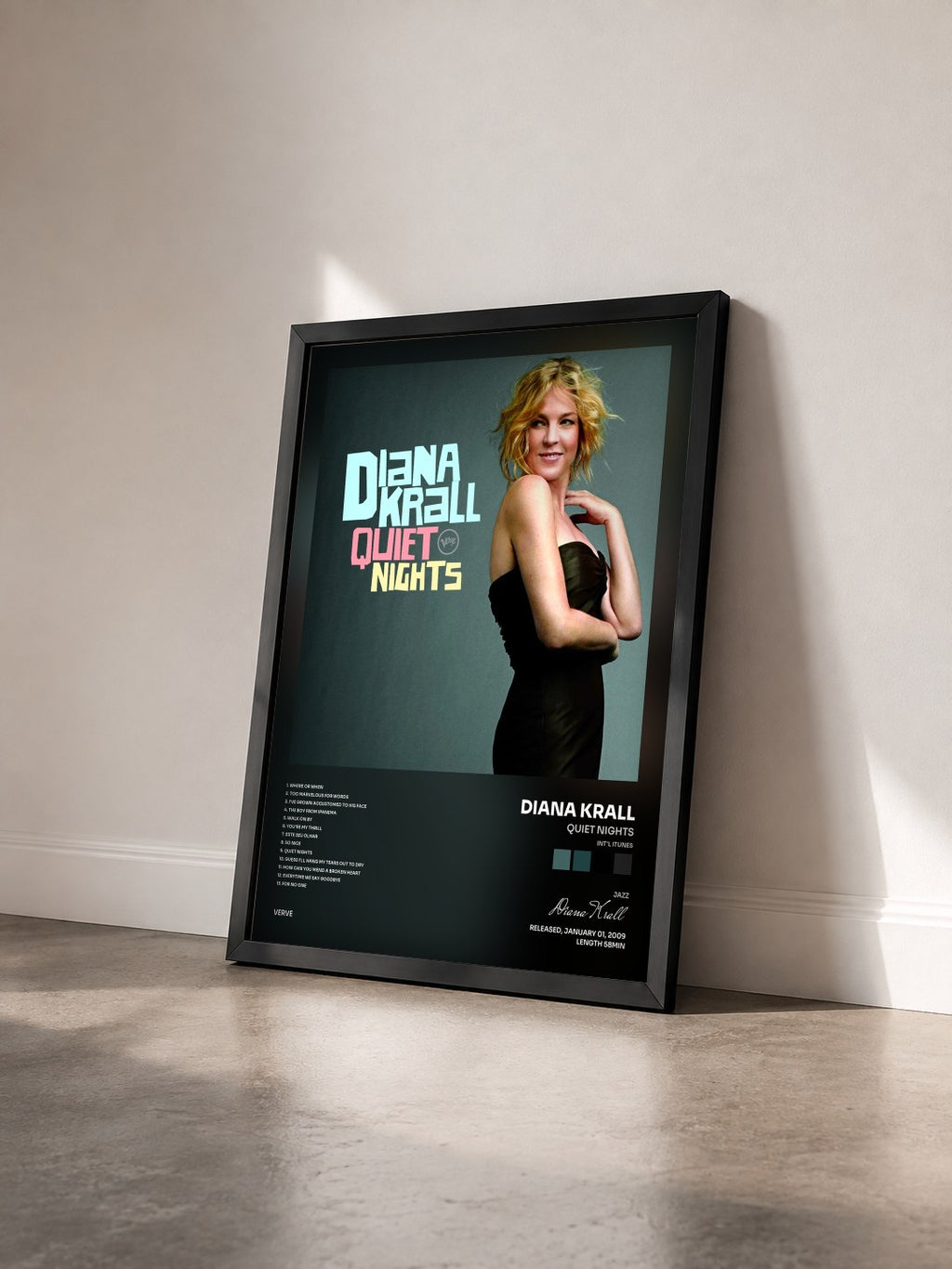#noir Tableau de l'album Quiet Nights (Int'l iTunes) de Diana Krall vu de trois quarts, cadre noir