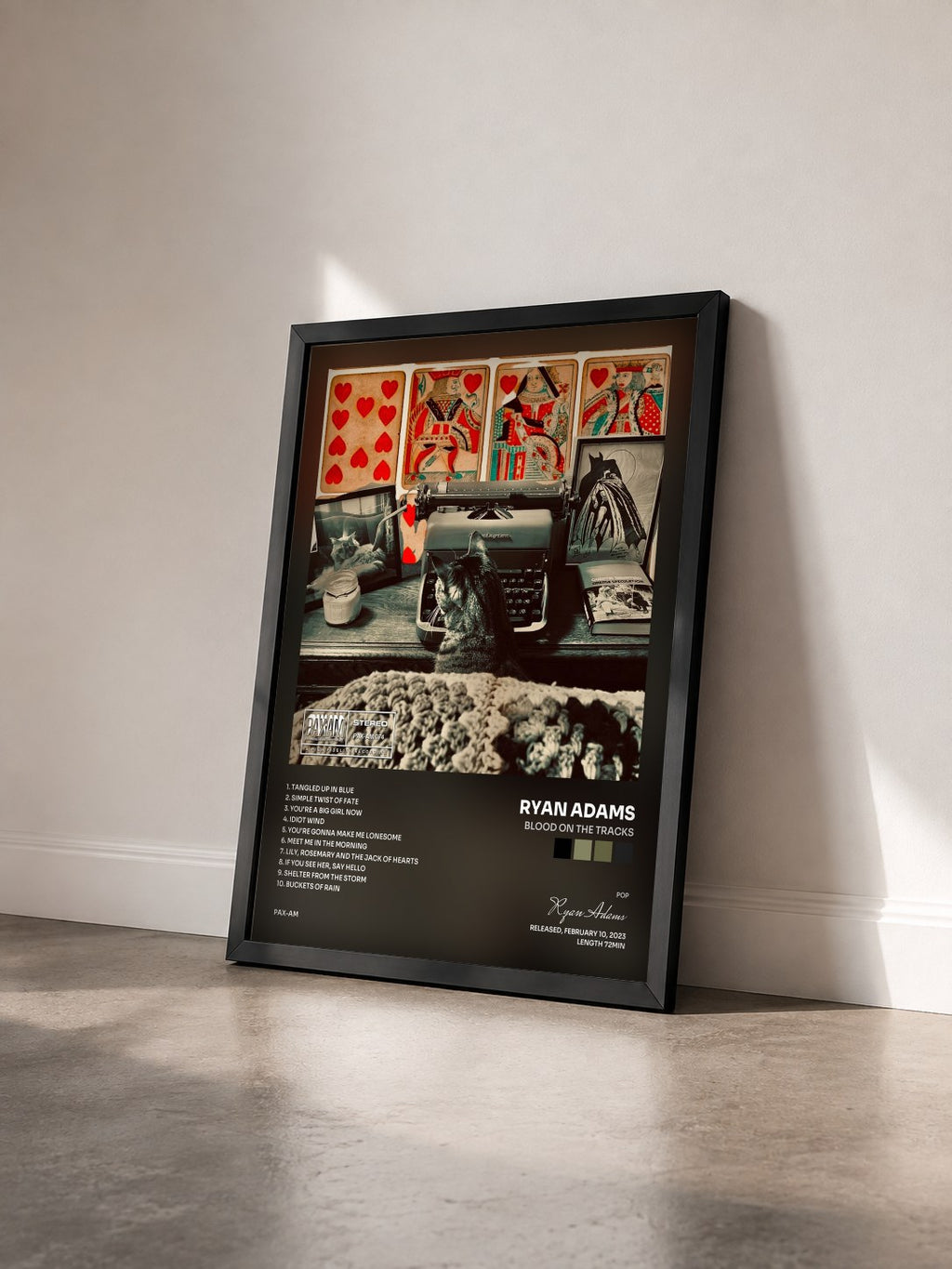#noir Tableau de l'album Blood on the Tracks de Ryan Adams vu de trois quarts, cadre noir