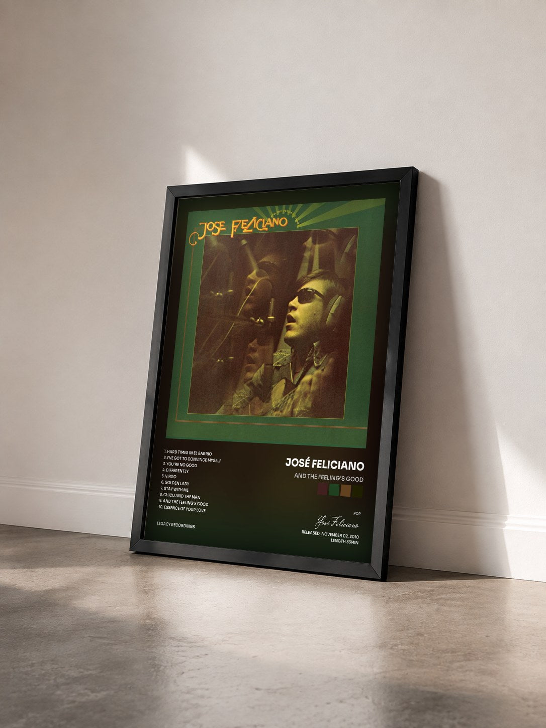 #noir Tableau de l'album And The Feeling's Good de José Feliciano vu de trois quarts, cadre noir