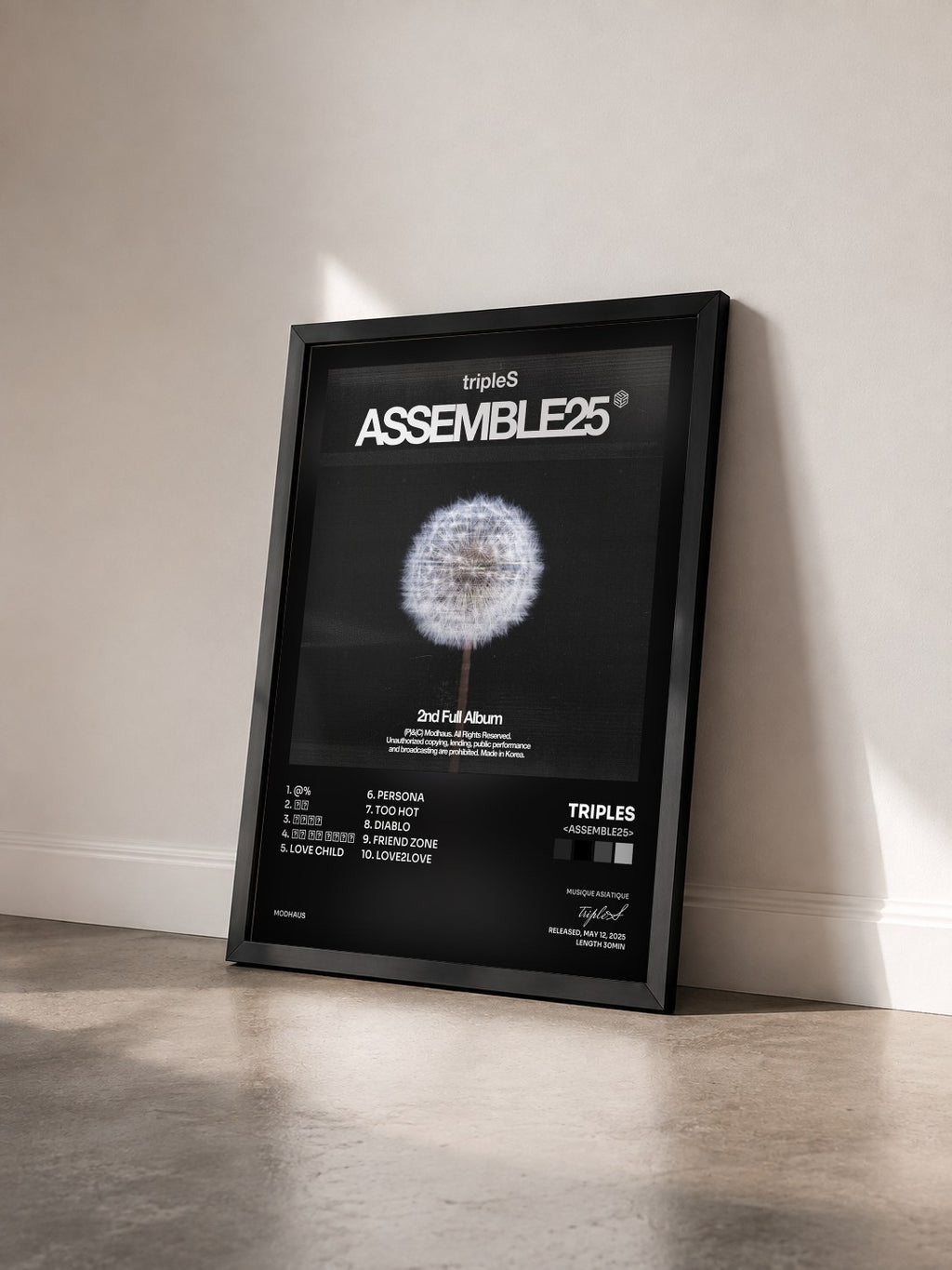 #noir Tableau de l'album <ASSEMBLE25> de tripleS vu de trois quarts, cadre noir