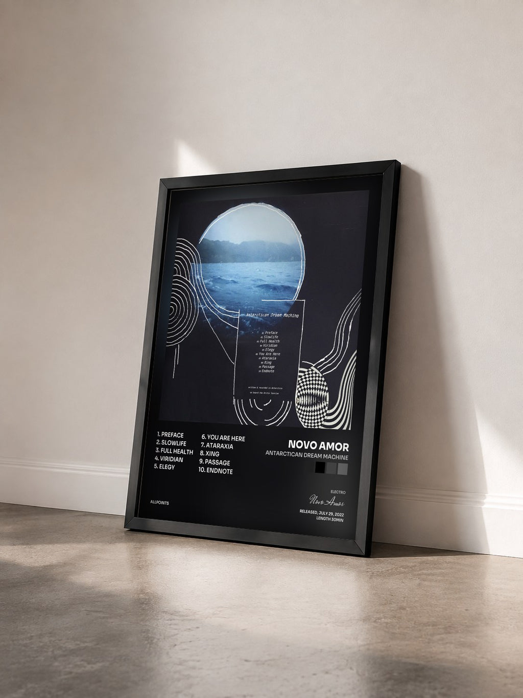 #noir Tableau de l'album Antarctican Dream Machine de Novo Amor vu de trois quarts, cadre noir