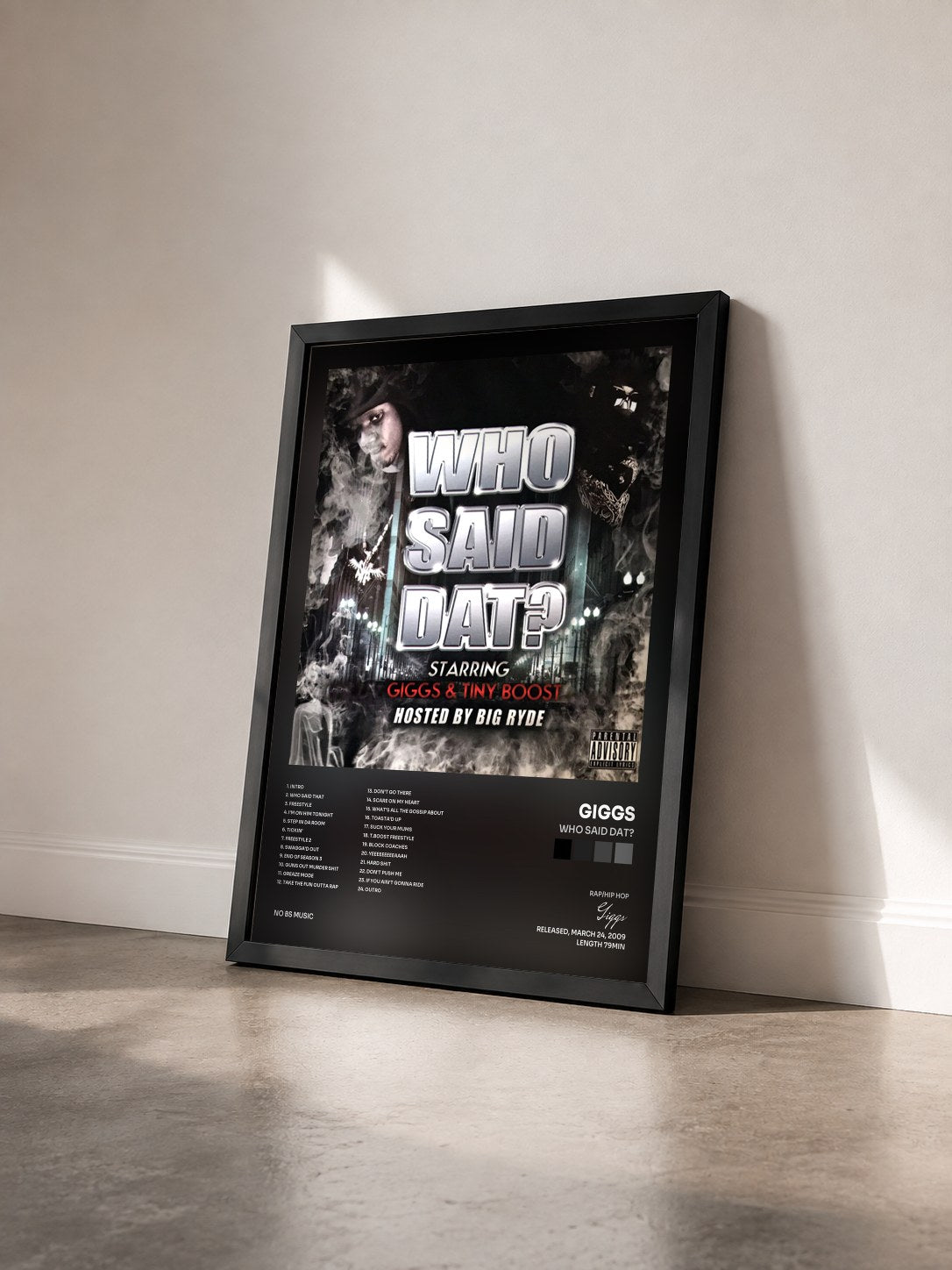#noir Tableau de l'album Who Said Dat? de Giggs vu de trois quarts, cadre noir