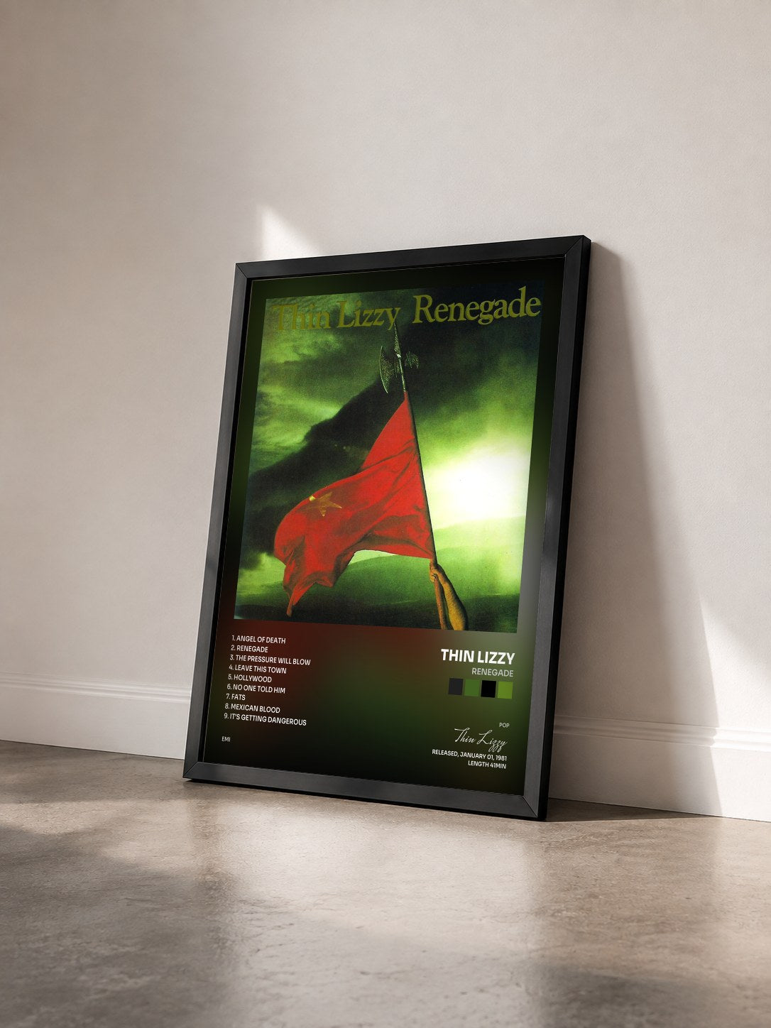 #noir Tableau de l'album Renegade de Thin Lizzy vu de trois quarts, cadre noir