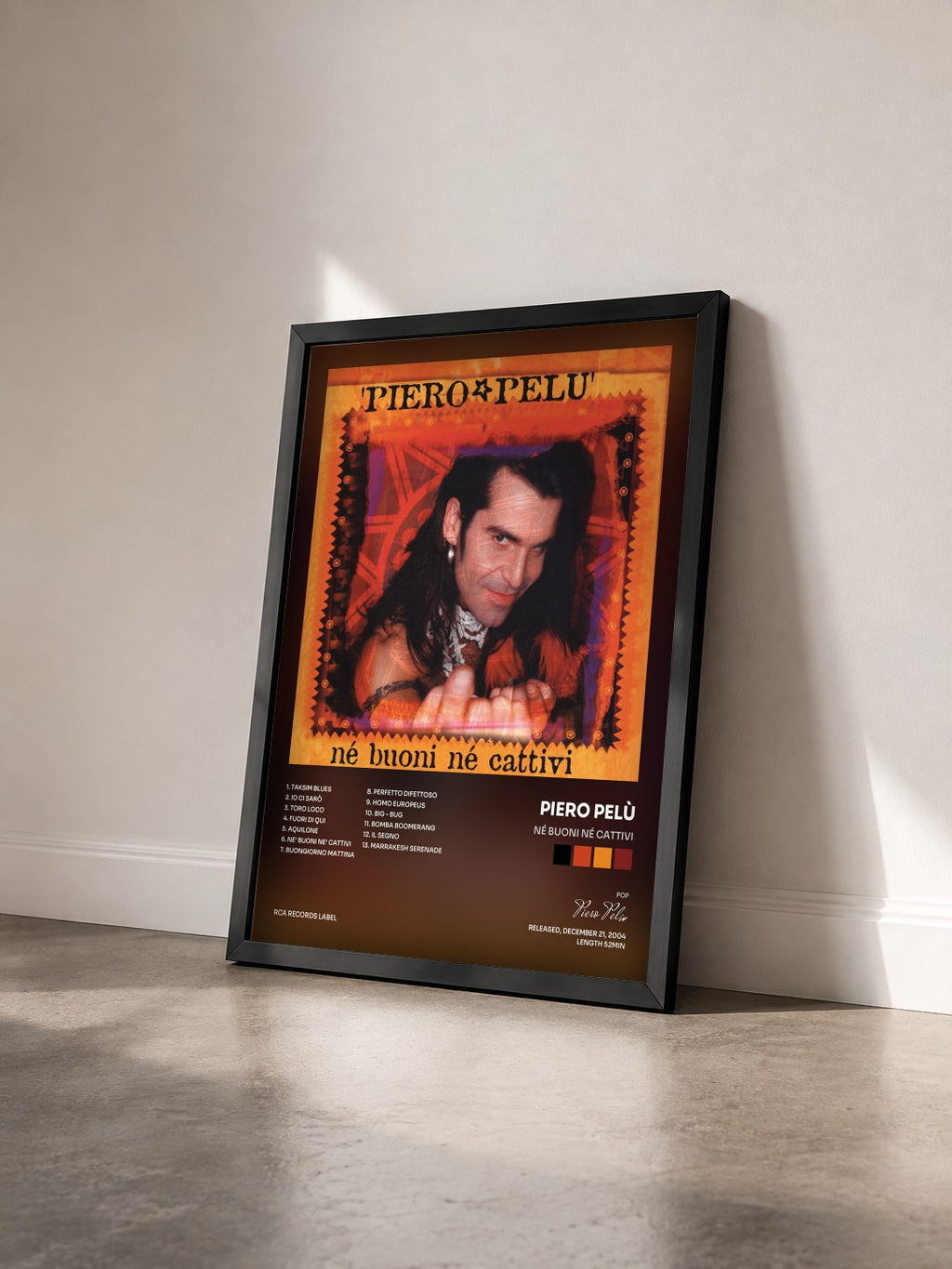 #noir Tableau de l'album Né buoni né cattivi de Piero Pelù vu de trois quarts, cadre noir