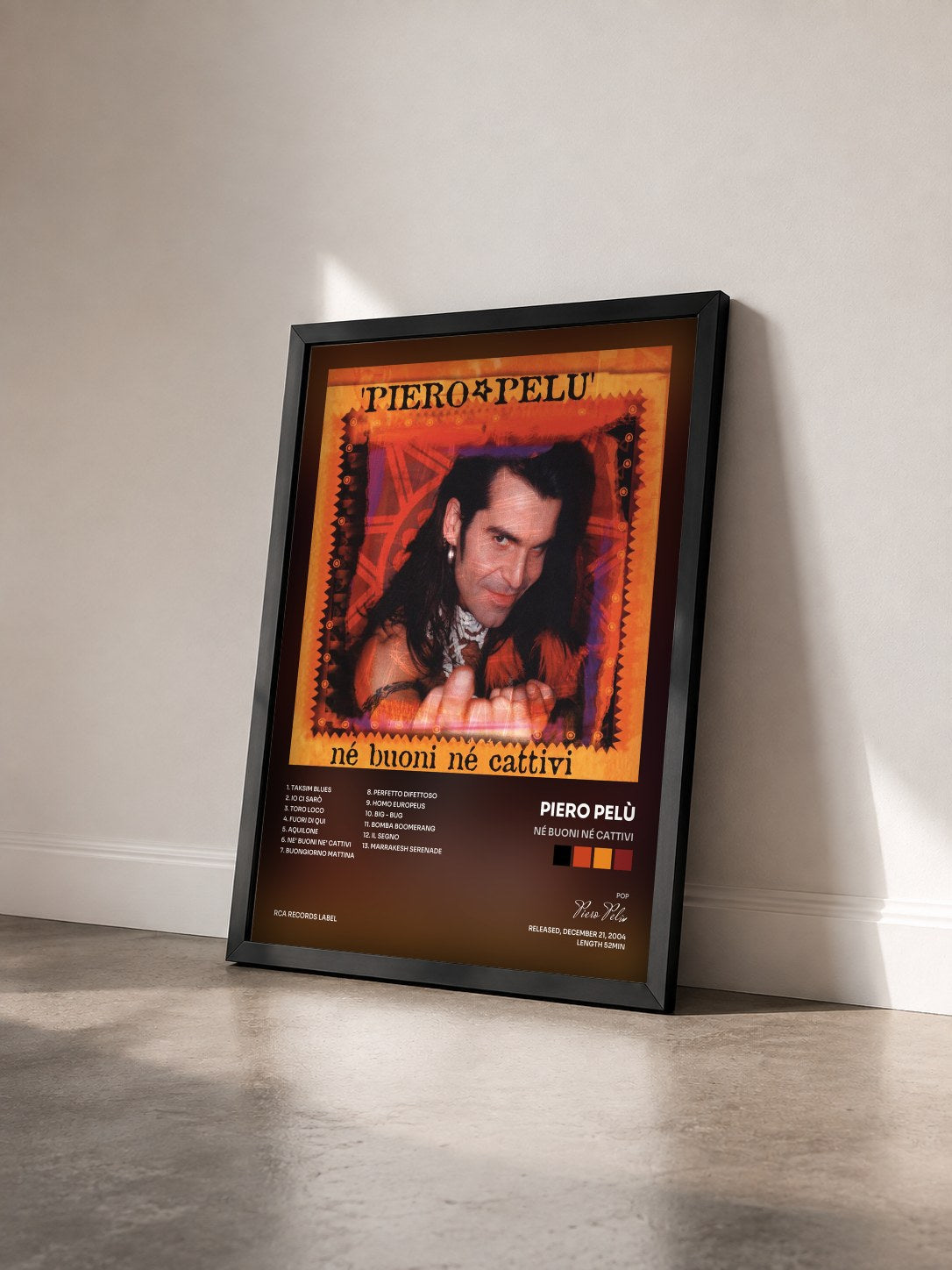 #noir Tableau de l'album Né buoni né cattivi de Piero Pelù vu de trois quarts, cadre noir