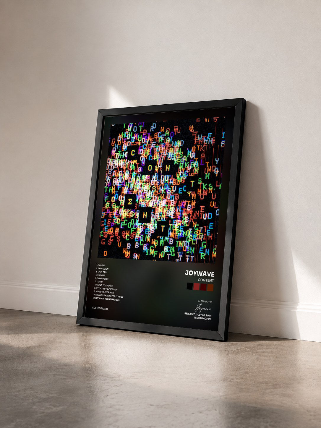 #noir Tableau de l'album Content de Joywave vu de trois quarts, cadre noir