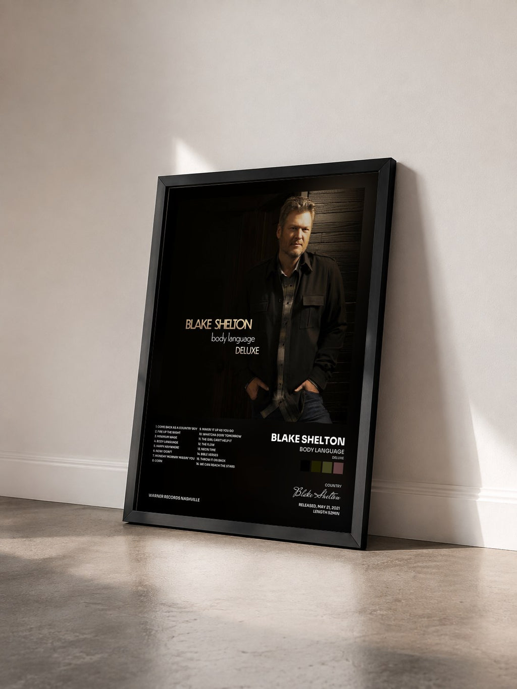 #noir Tableau de l'album Body Language (Deluxe) de Blake Shelton vu de trois quarts, cadre noir