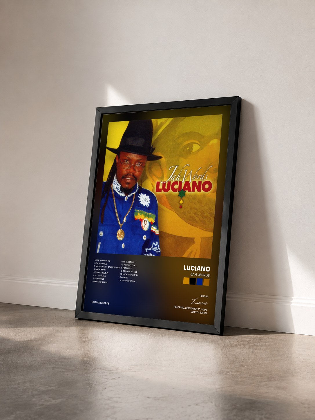#noir Tableau de l'album Jah Words de Luciano vu de trois quarts, cadre noir