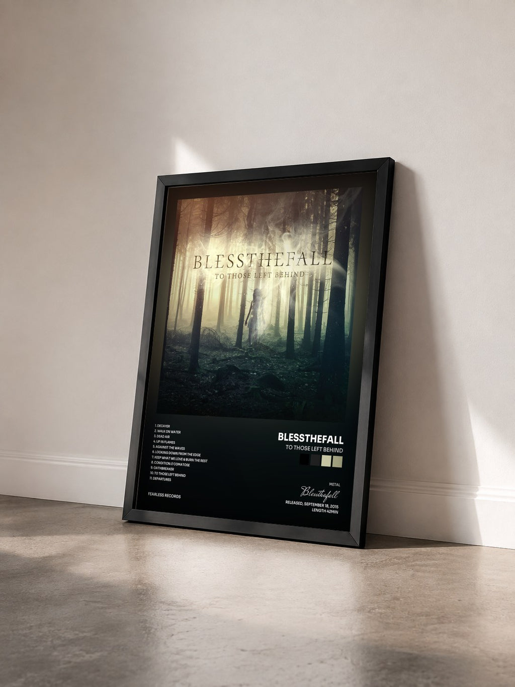 #noir Tableau de l'album To Those Left Behind de Blessthefall vu de trois quarts, cadre noir
