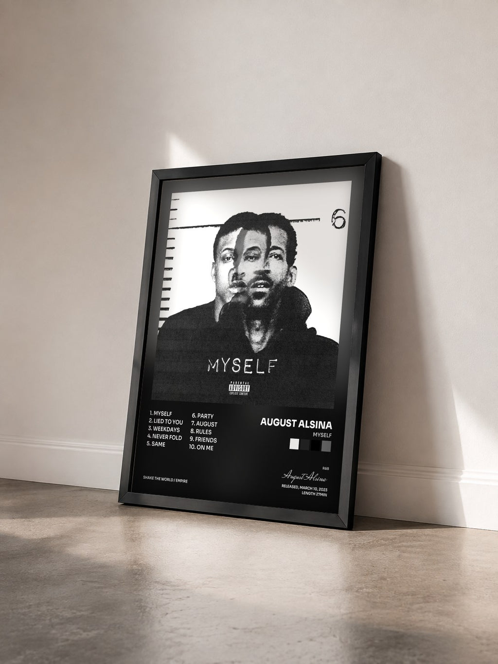 #noir Tableau de l'album Myself de August Alsina vu de trois quarts, cadre noir