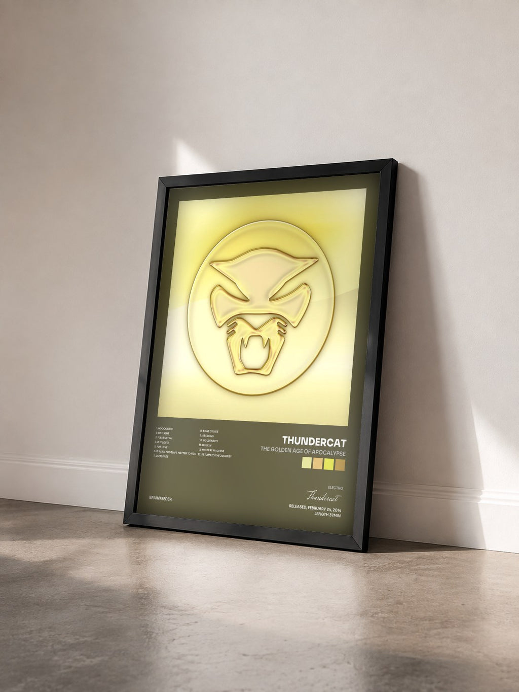 #noir Tableau de l'album The Golden Age of Apocalypse de Thundercat vu de trois quarts, cadre noir
