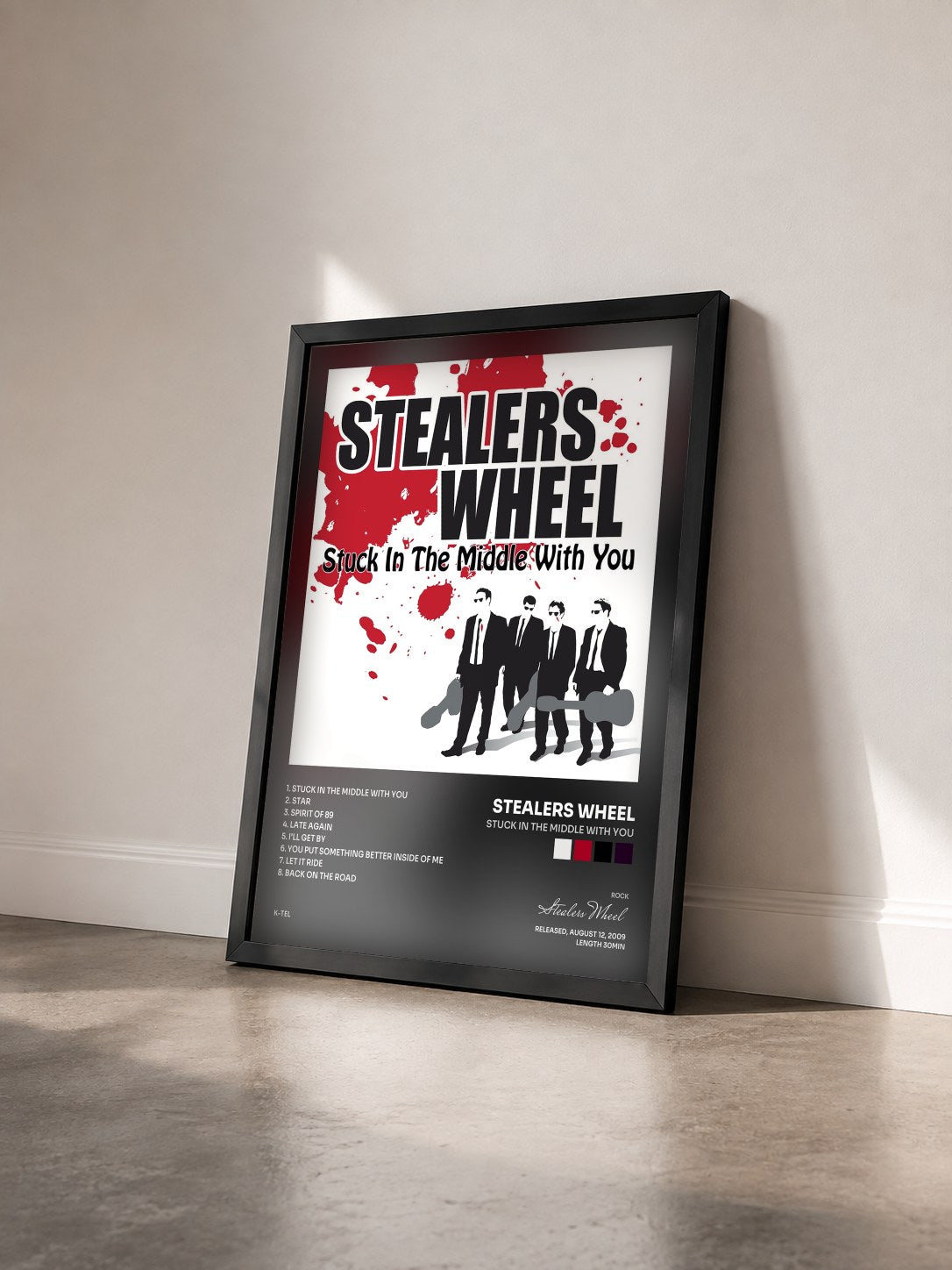 #noir Tableau de l'album Stuck in the Middle with You de Stealers Wheel vu de trois quarts, cadre noir