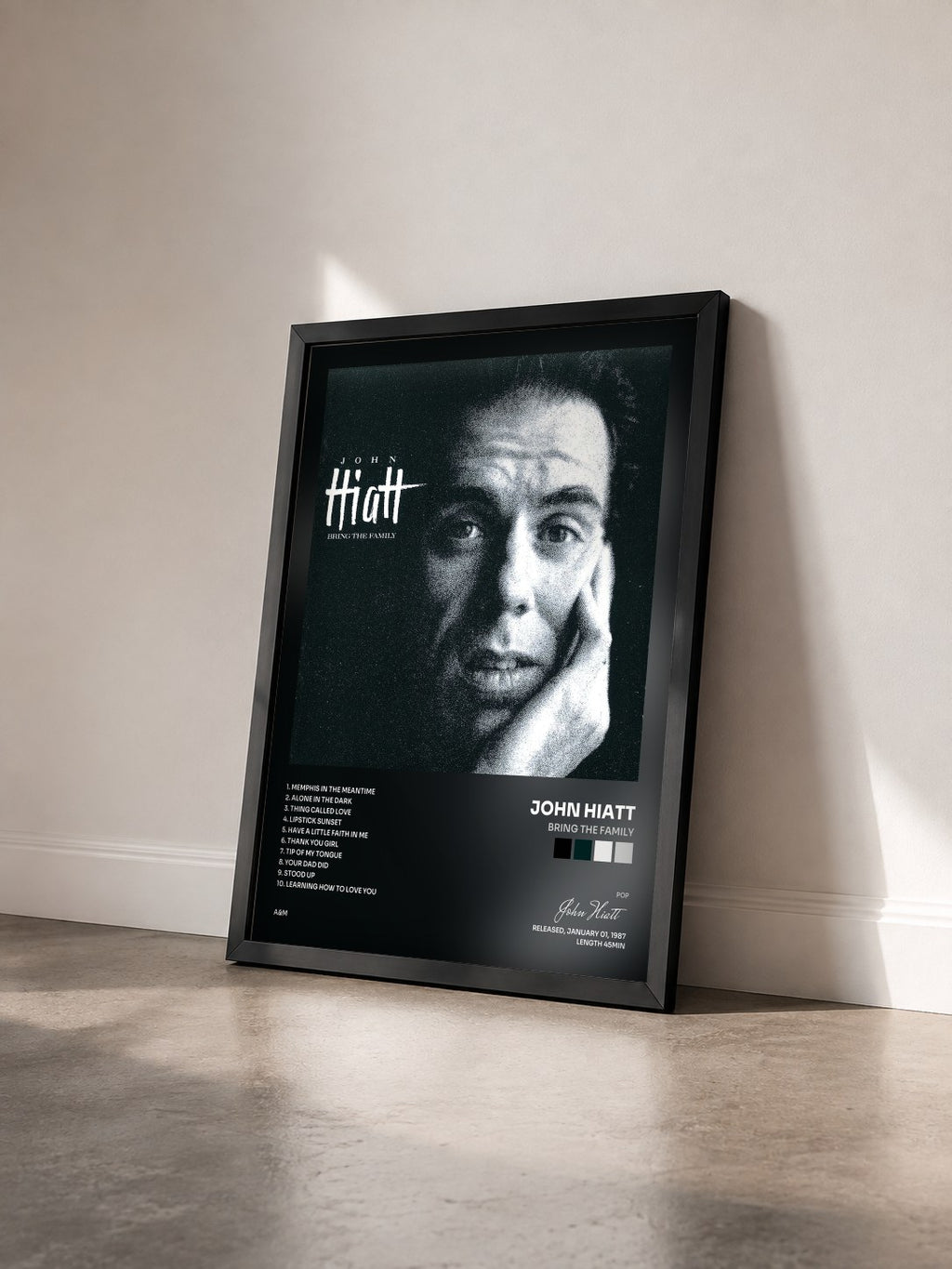 #noir Tableau de l'album Bring The Family de John Hiatt vu de trois quarts, cadre noir