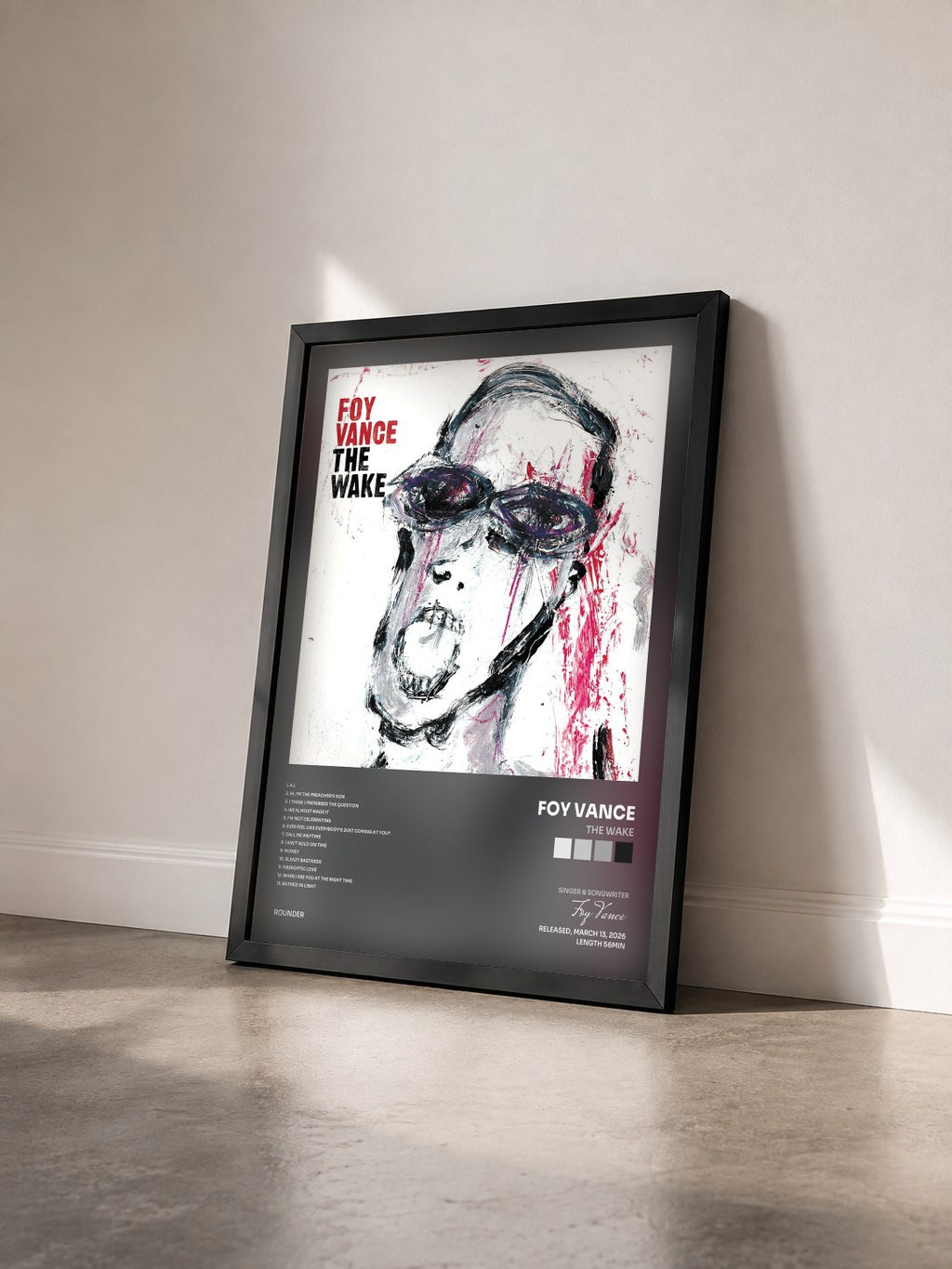 #noir Tableau de l'album The Wake de Foy Vance vu de trois quarts, cadre noir
