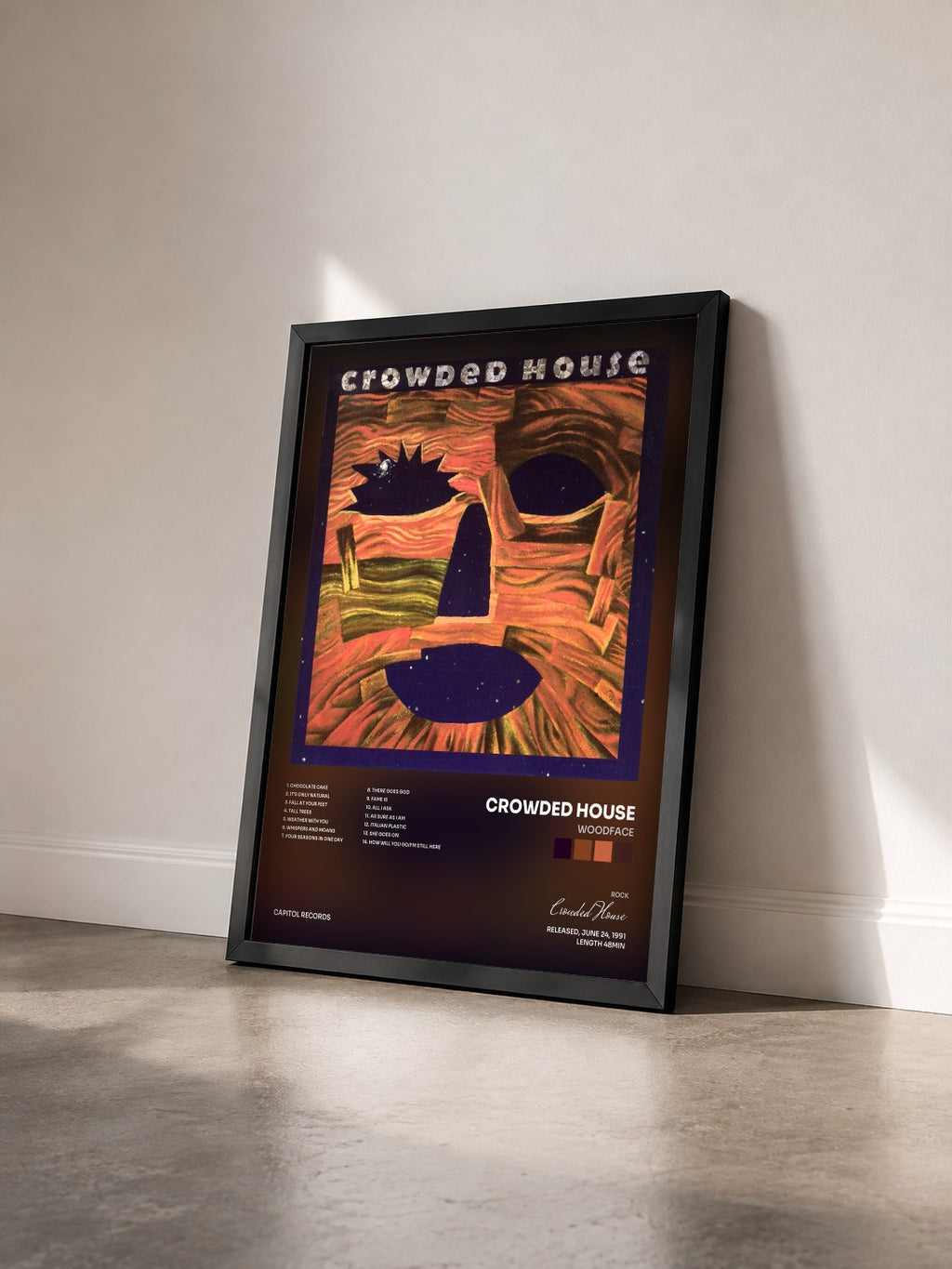 #noir Tableau de l'album Woodface de Crowded House vu de trois quarts, cadre noir