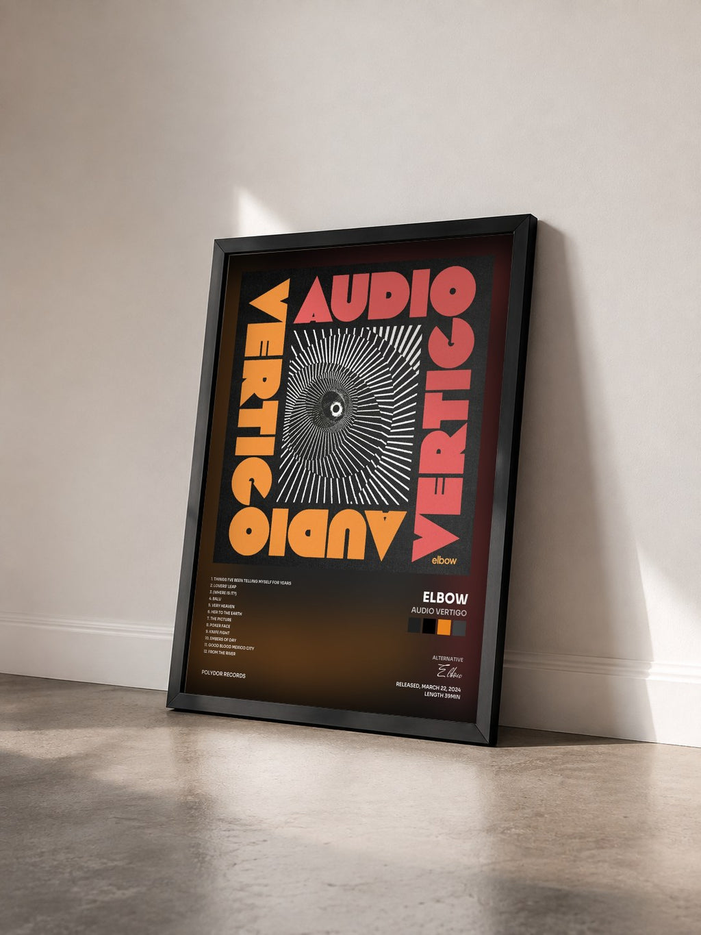 #noir Tableau de l'album AUDIO VERTIGO de Elbow vu de trois quarts, cadre noir