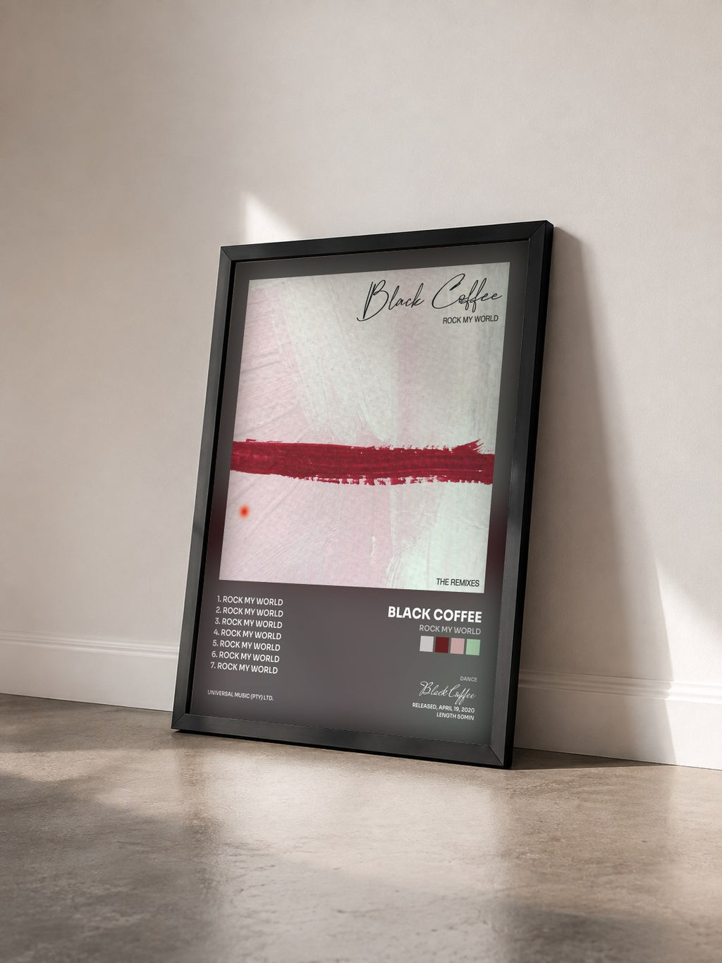 #noir Tableau de l'album Rock My World de Black Coffee vu de trois quarts, cadre noir
