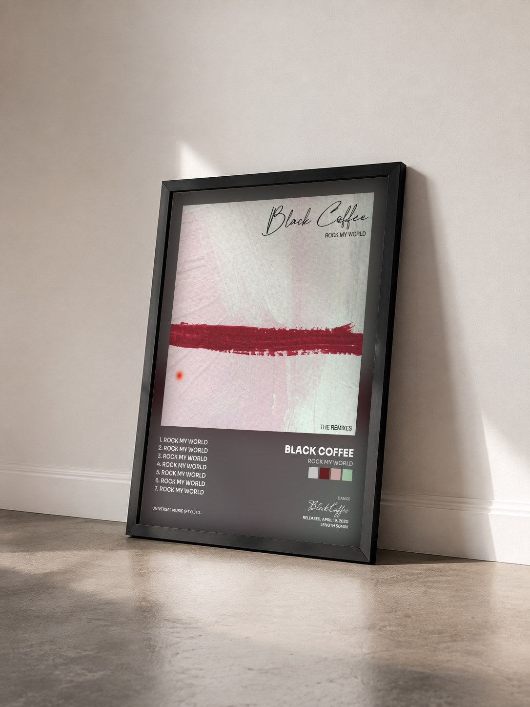 #noir Tableau de l'album Rock My World de Black Coffee vu de trois quarts, cadre noir