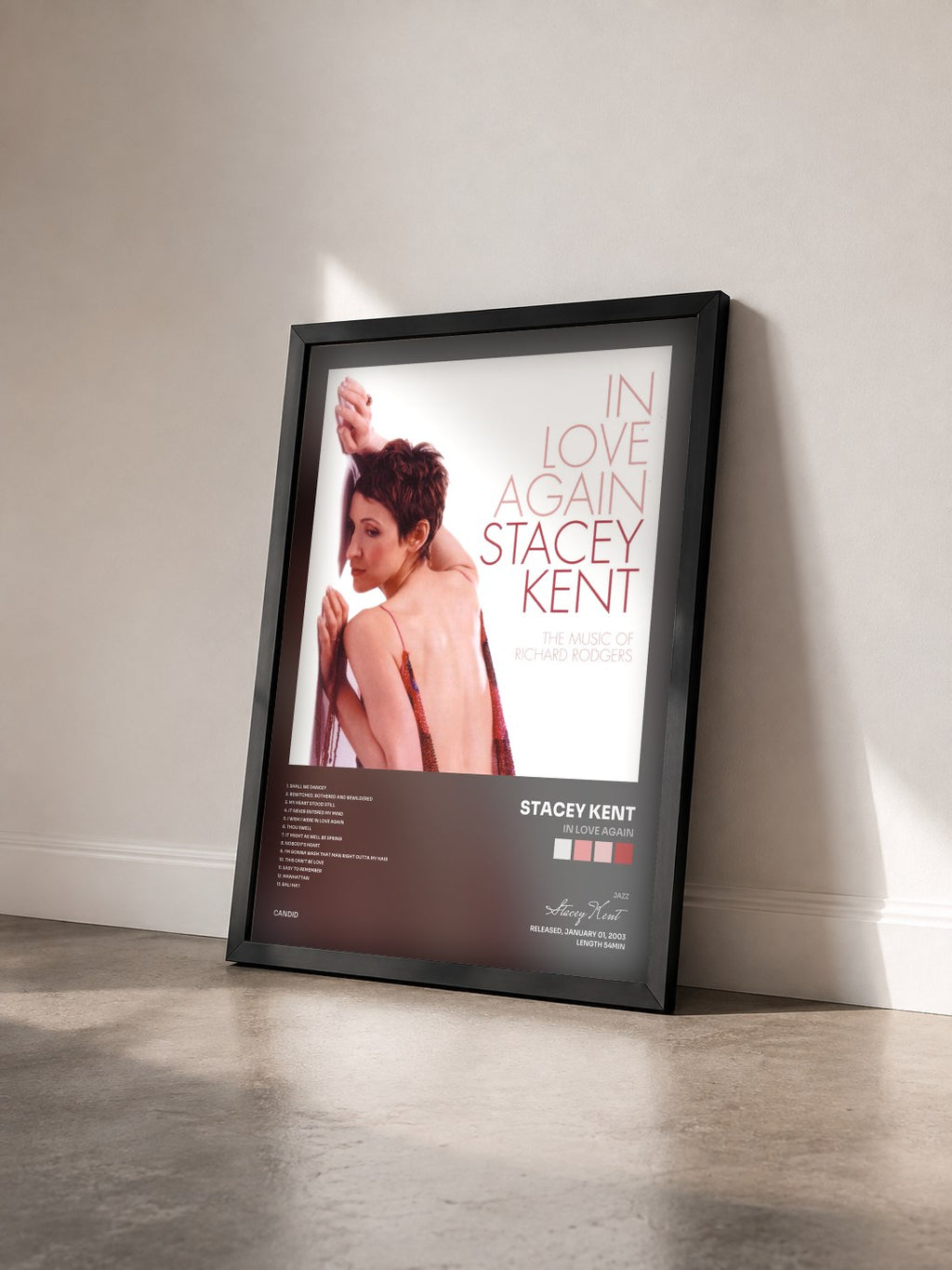 #noir Tableau de l'album In Love Again de Stacey Kent vu de trois quarts, cadre noir