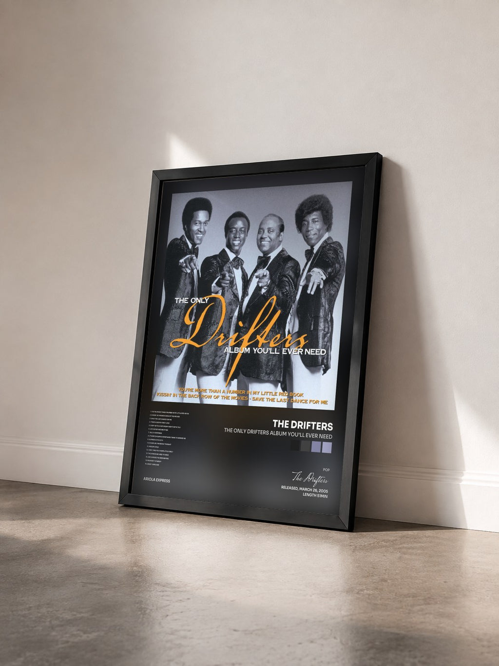 #noir Tableau de l'album The Only Drifters Album You'll Ever Need de The Drifters vu de trois quarts, cadre noir